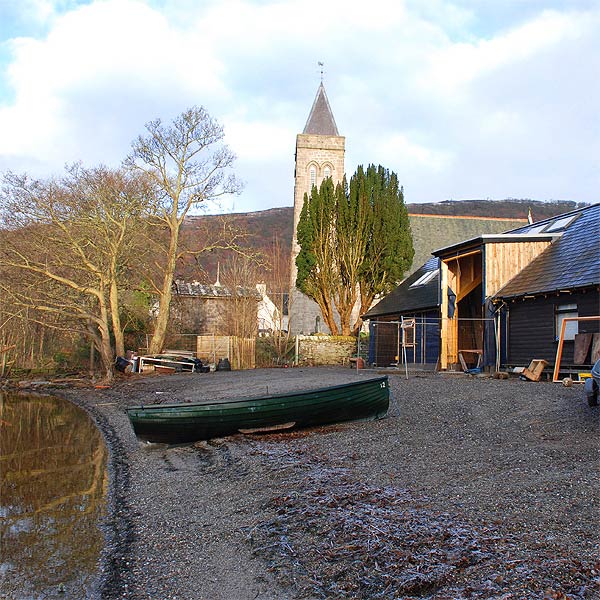 view of the half&ndash;finished extension from the lake in the morning winter sun. Mid Jan '13